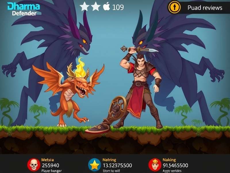 Dharma Defender gameplay screenshot showing a warrior battling mythical creatures